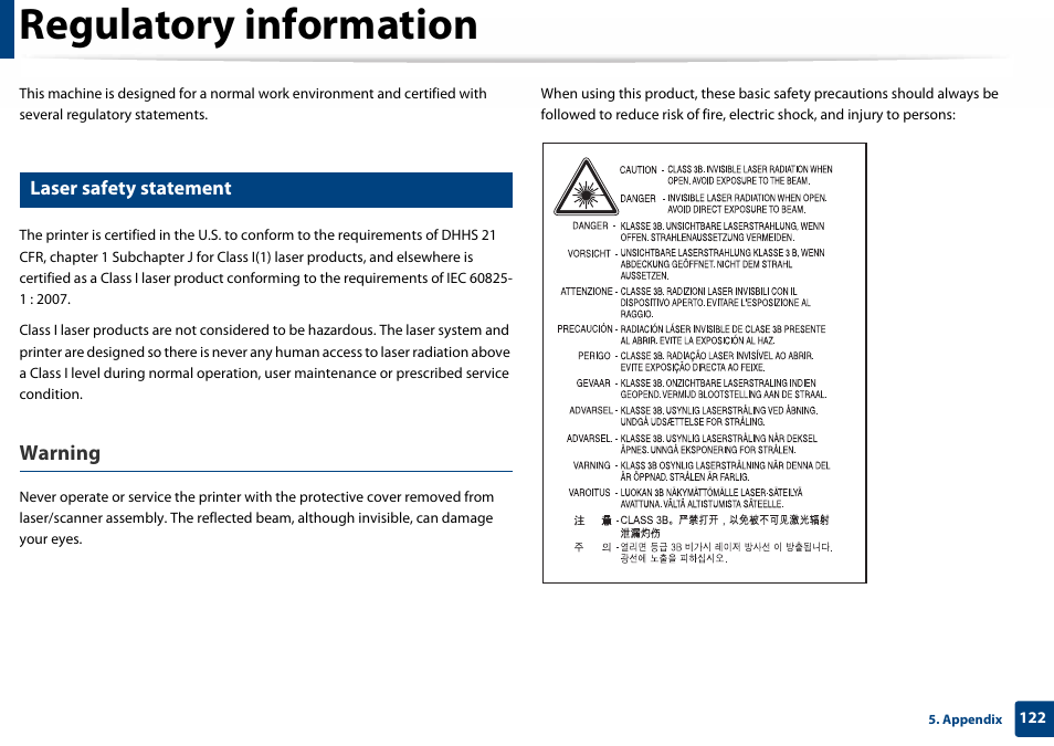 Regulatory information, Laser safety statement, Warning | Samsung SL-C460W-XAX User Manual | Page 122 / 337