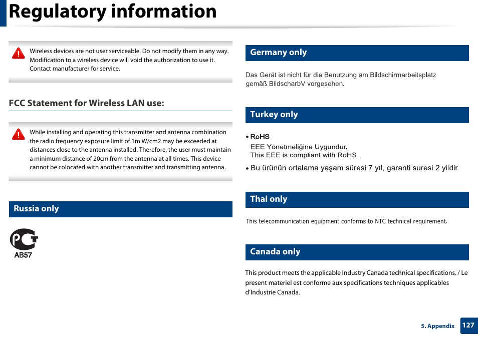 Russia only, Germany only, Turkey only | Thai only, Canada only, Regulatory information, Fcc statement for wireless lan use | Samsung SL-C460W-XAX User Manual | Page 127 / 337