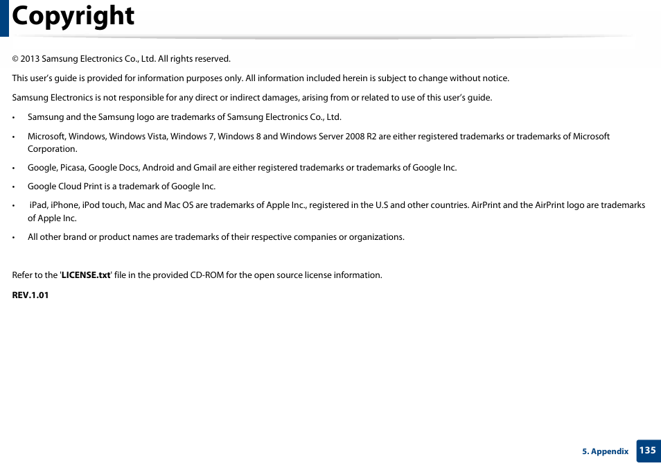 Copyright | Samsung SL-C460W-XAX User Manual | Page 135 / 337