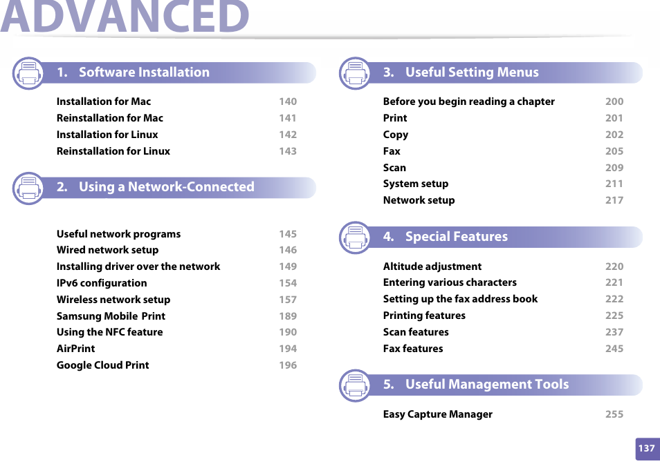 Advanced, Software installation, Using a network-connected machine | Useful setting menus, Special features, Useful management tools | Samsung SL-C460W-XAX User Manual | Page 137 / 337