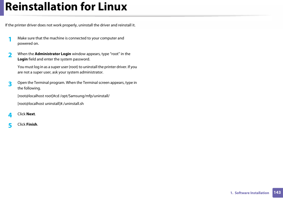 Reinstallation for linux | Samsung SL-C460W-XAX User Manual | Page 143 / 337