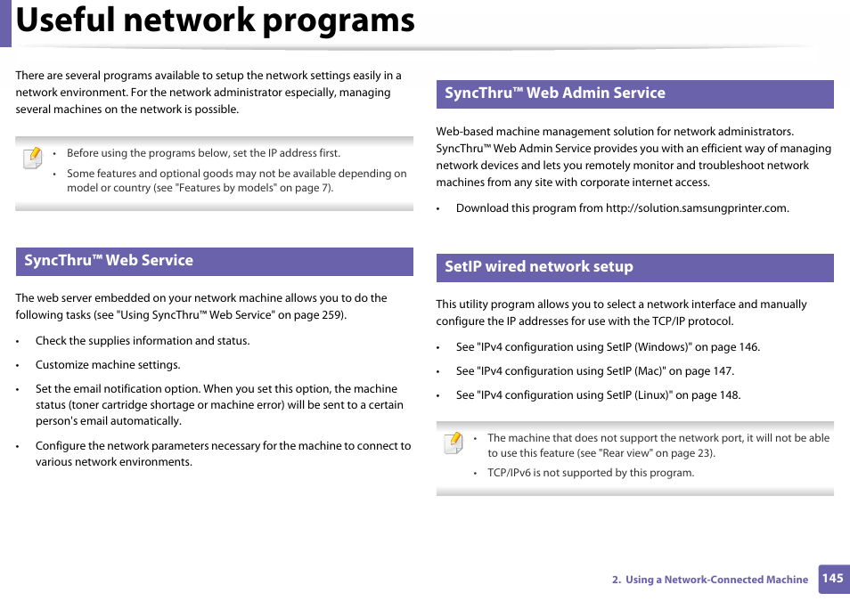 Useful network programs, Syncthru™ web service, Syncthru™ web admin service | Setip wired network setup | Samsung SL-C460W-XAX User Manual | Page 145 / 337