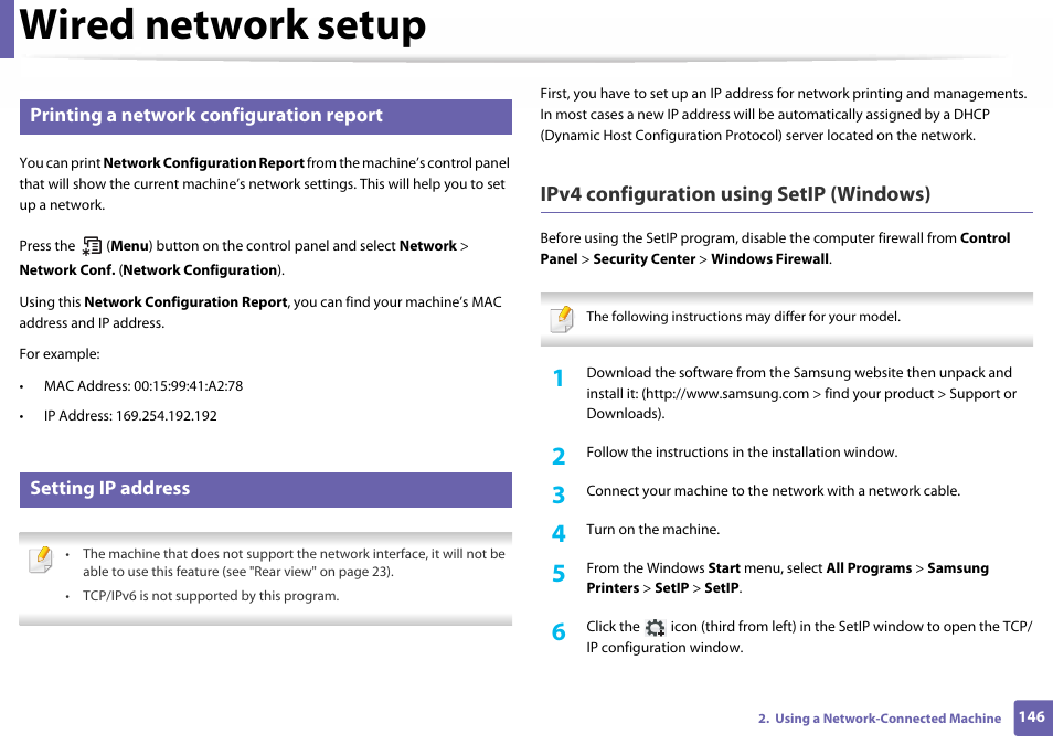 Wired network setup, Printing a network configuration report, Setting ip address | Ipv4 configuration using setip (windows) | Samsung SL-C460W-XAX User Manual | Page 146 / 337