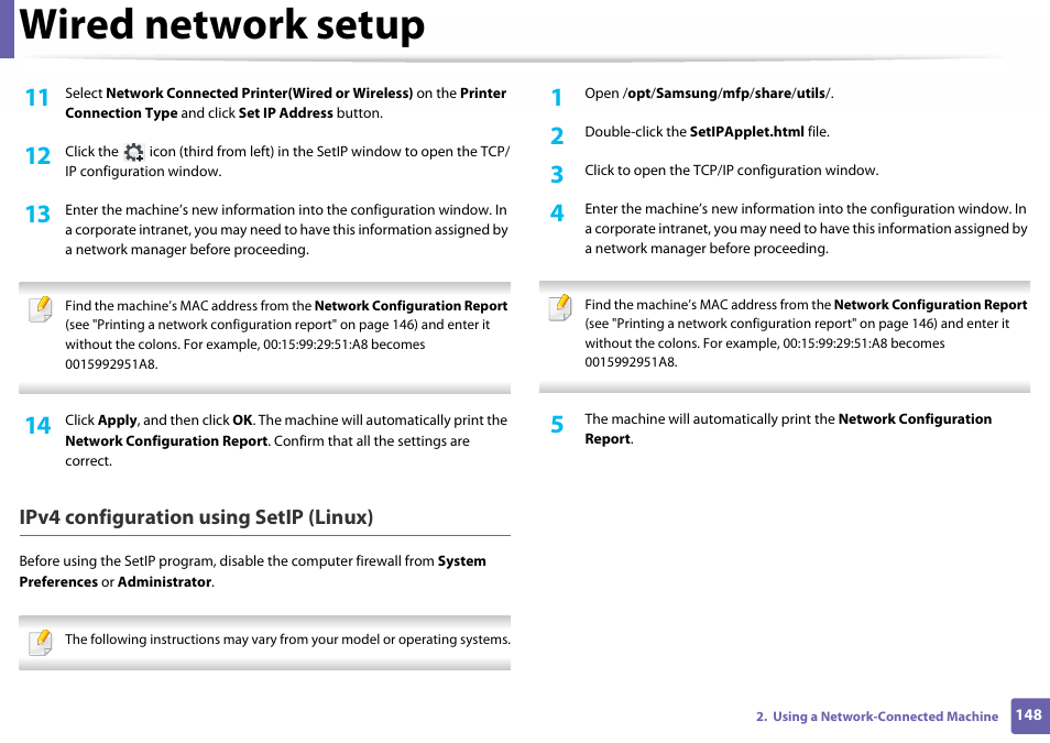 Wired network setup, Ipv4 configuration using setip (linux) | Samsung SL-C460W-XAX User Manual | Page 148 / 337