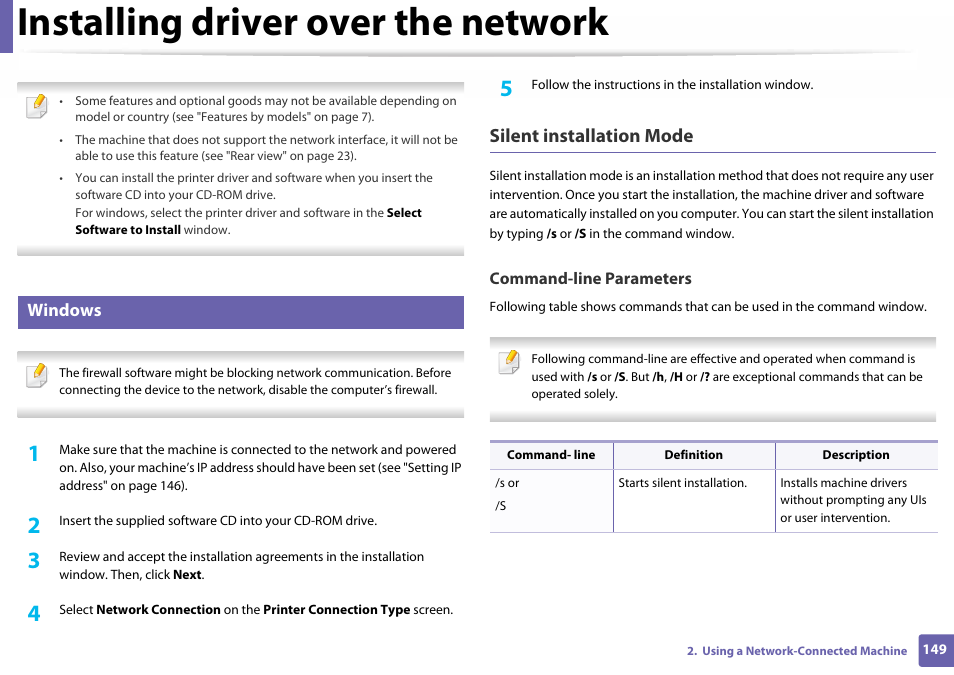 Installing driver over the network, Windows, Silent installation mode | Samsung SL-C460W-XAX User Manual | Page 149 / 337