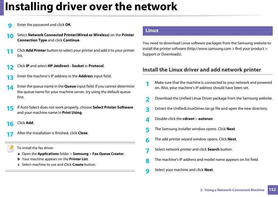 Linux, Installing driver over the network | Samsung SL-C460W-XAX User Manual | Page 152 / 337
