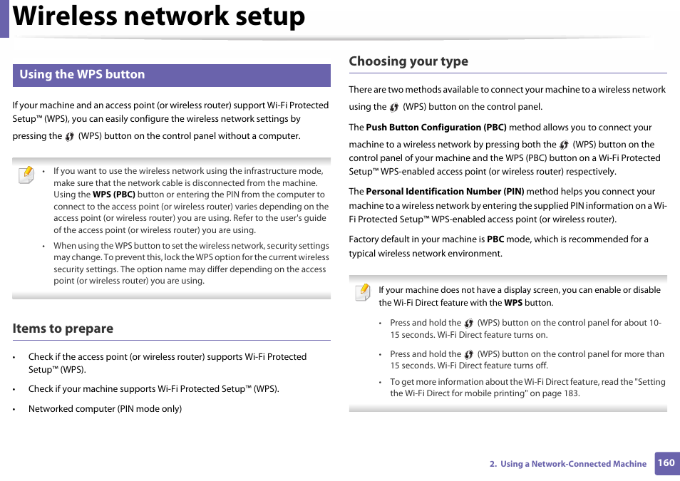 Using the wps button, Wireless network setup, Items to prepare | Choosing your type | Samsung SL-C460W-XAX User Manual | Page 160 / 337