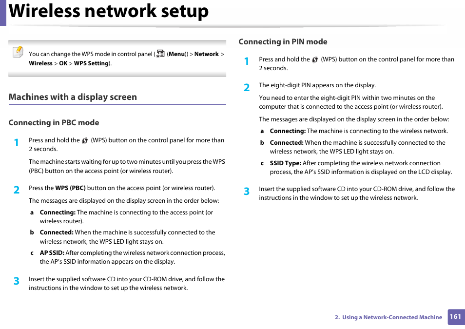 Wireless network setup, Machines with a display screen | Samsung SL-C460W-XAX User Manual | Page 161 / 337