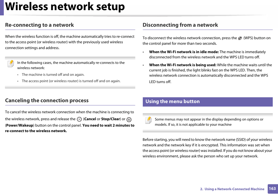 Using the menu button, Wireless network setup, Re-connecting to a network | Canceling the connection process, Disconnecting from a network | Samsung SL-C460W-XAX User Manual | Page 163 / 337