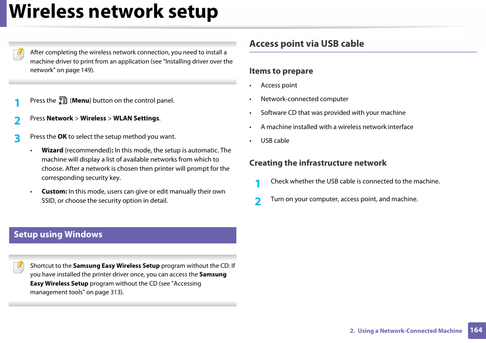 Setup using windows, Wireless network setup, Access point via usb cable | Samsung SL-C460W-XAX User Manual | Page 164 / 337