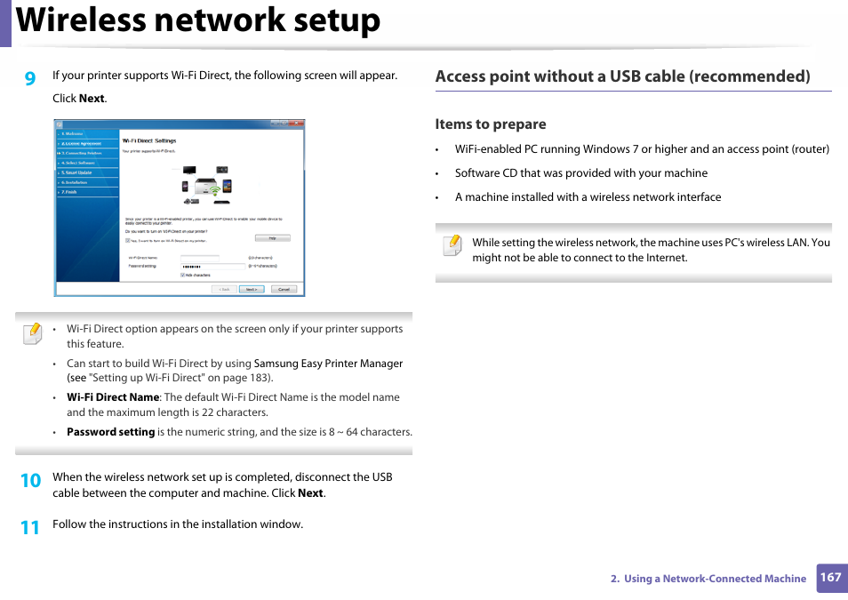 Wireless network setup, Access point without a usb cable (recommended) | Samsung SL-C460W-XAX User Manual | Page 167 / 337