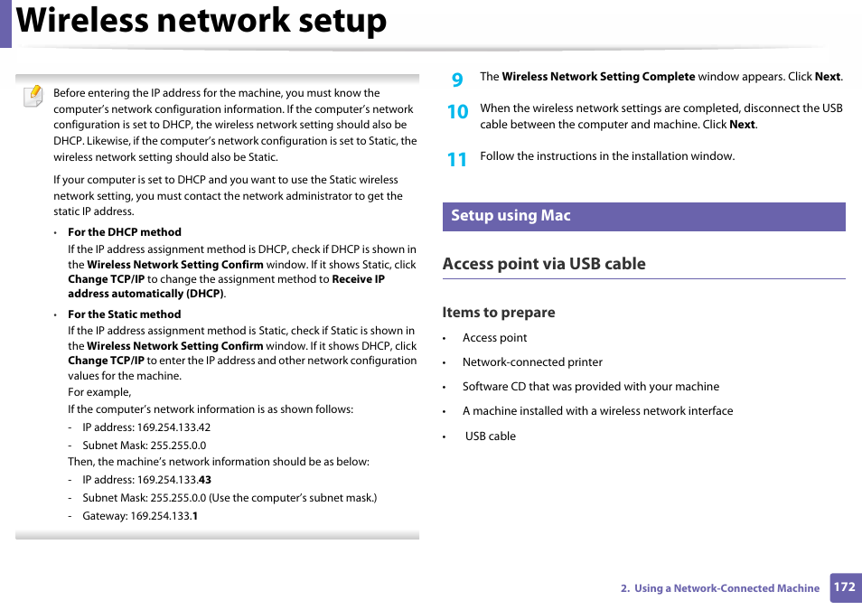 Setup using mac, Wireless network setup, Access point via usb cable | Samsung SL-C460W-XAX User Manual | Page 172 / 337