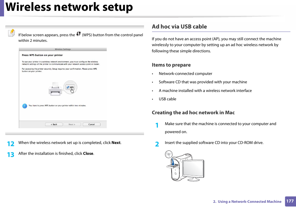 Wireless network setup, Ad hoc via usb cable | Samsung SL-C460W-XAX User Manual | Page 177 / 337