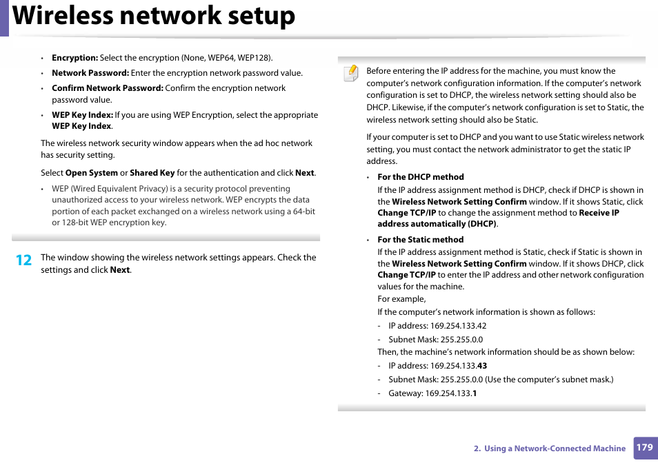 Wireless network setup | Samsung SL-C460W-XAX User Manual | Page 179 / 337