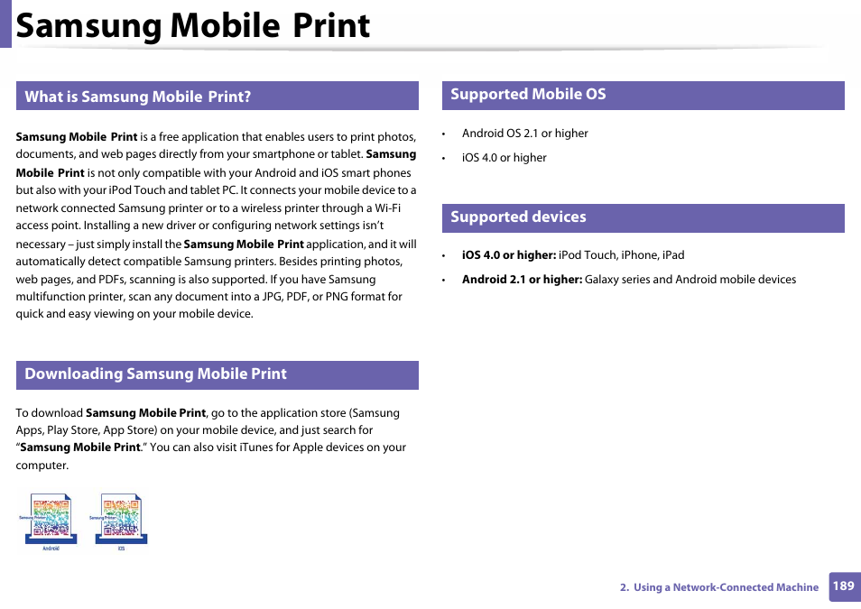 Samsung mobile print, What is samsung mobile print, Downloading samsung mobile print | Supported mobile os, Supported devices, Samsung mobile | Samsung SL-C460W-XAX User Manual | Page 189 / 337