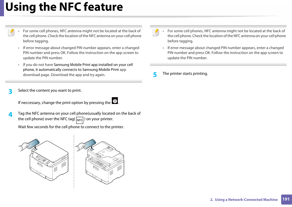 Using the nfc feature | Samsung SL-C460W-XAX User Manual | Page 191 / 337