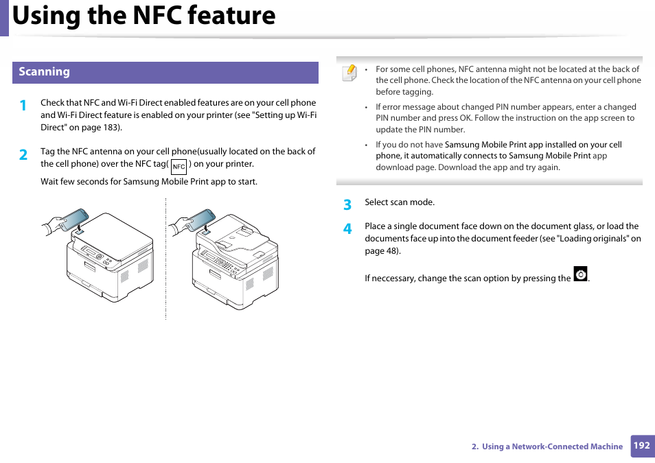 Scanning, Using the nfc feature | Samsung SL-C460W-XAX User Manual | Page 192 / 337
