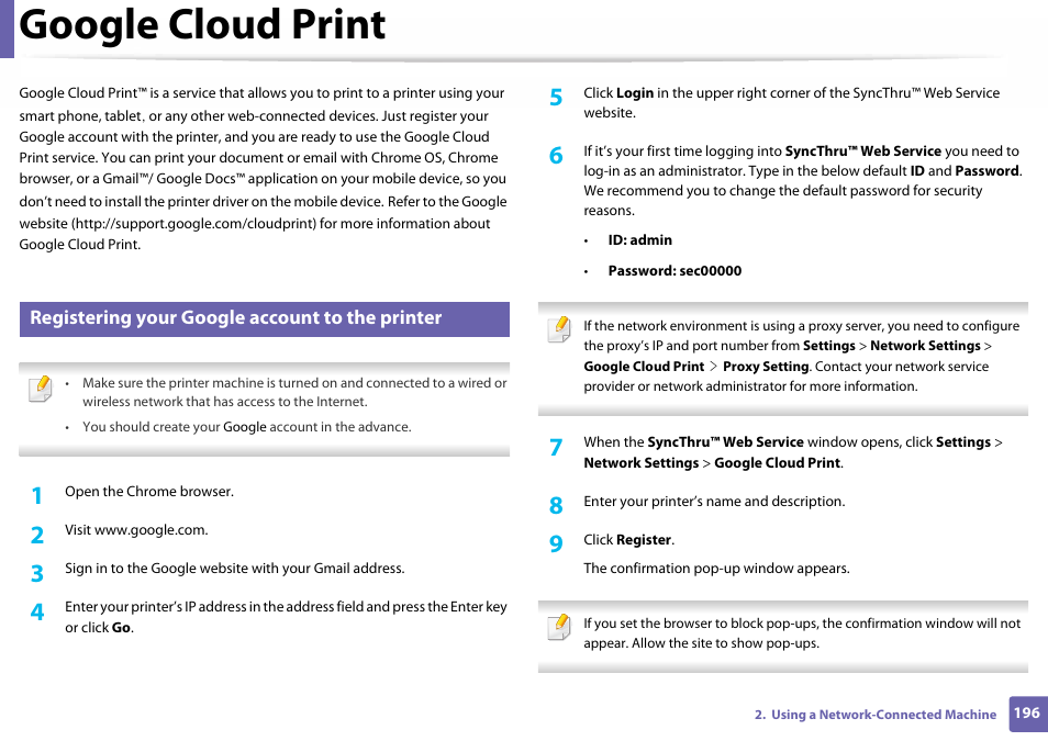 Google cloud print, Registering your google account to the printer | Samsung SL-C460W-XAX User Manual | Page 196 / 337