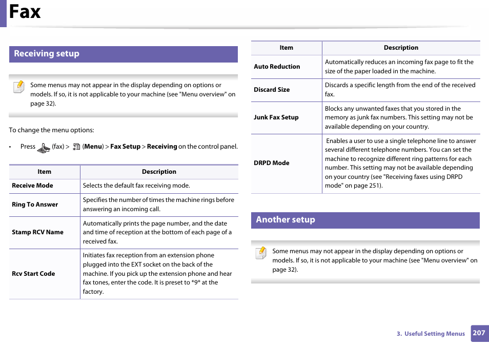 Receiving setup, Another setup | Samsung SL-C460W-XAX User Manual | Page 207 / 337