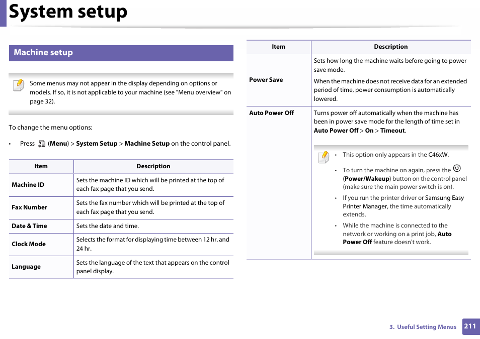 System setup, Machine setup | Samsung SL-C460W-XAX User Manual | Page 211 / 337