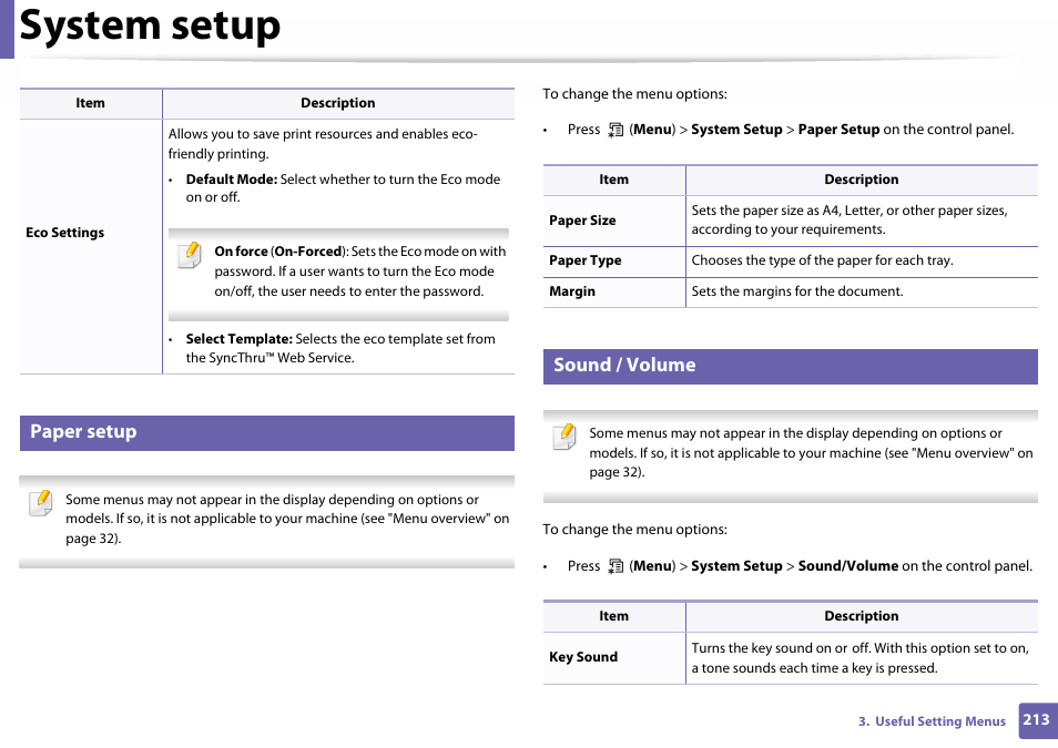 Paper setup, Sound / volume, System setup | Samsung SL-C460W-XAX User Manual | Page 213 / 337