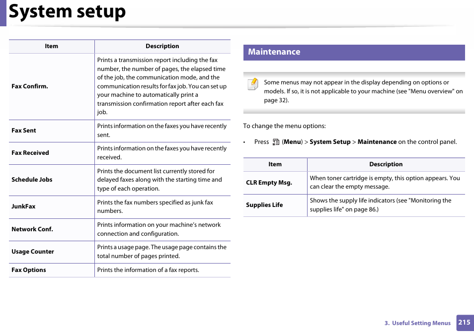 Maintenance, System setup | Samsung SL-C460W-XAX User Manual | Page 215 / 337