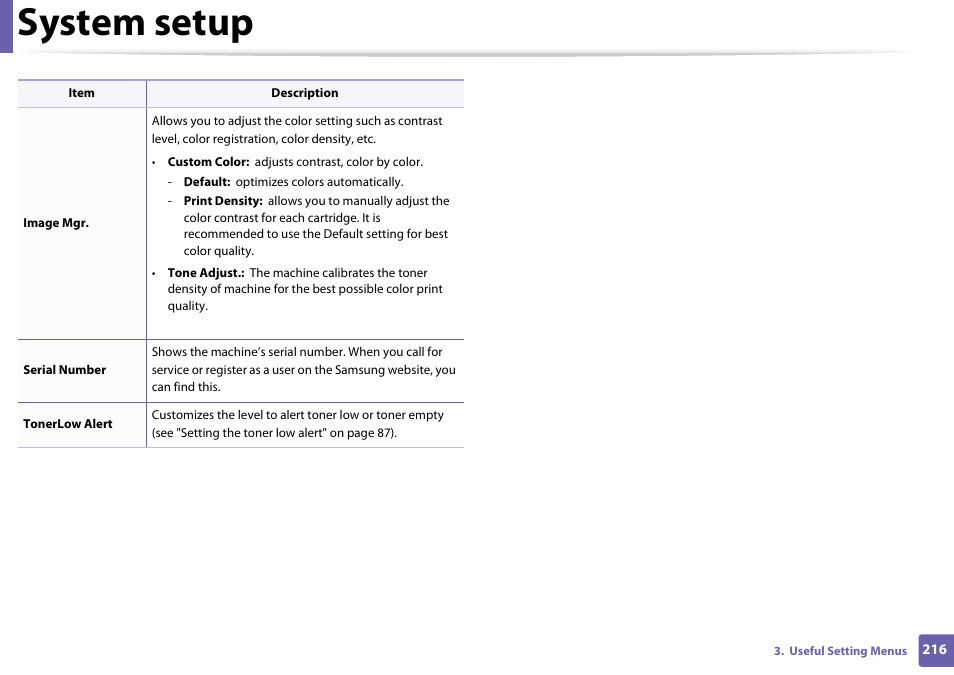 System setup | Samsung SL-C460W-XAX User Manual | Page 216 / 337