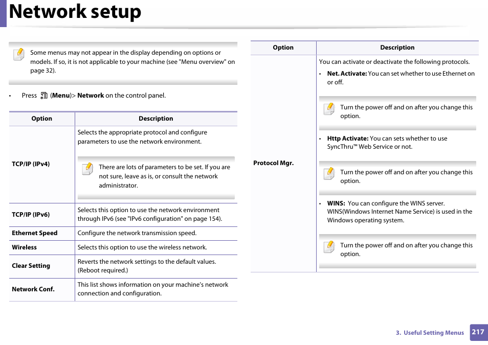 Network setup | Samsung SL-C460W-XAX User Manual | Page 217 / 337