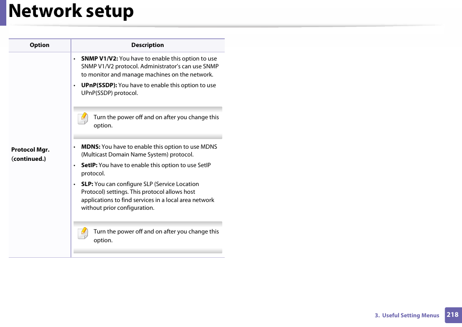 Network setup | Samsung SL-C460W-XAX User Manual | Page 218 / 337