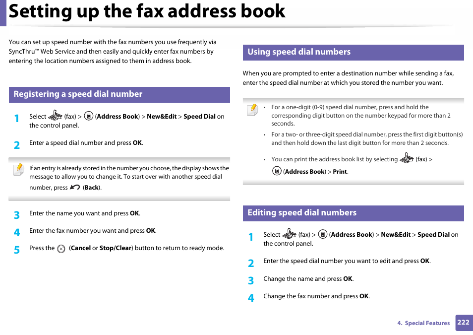 Setting up the fax address book, Registering a speed dial number, Using speed dial numbers | Editing speed dial numbers | Samsung SL-C460W-XAX User Manual | Page 222 / 337