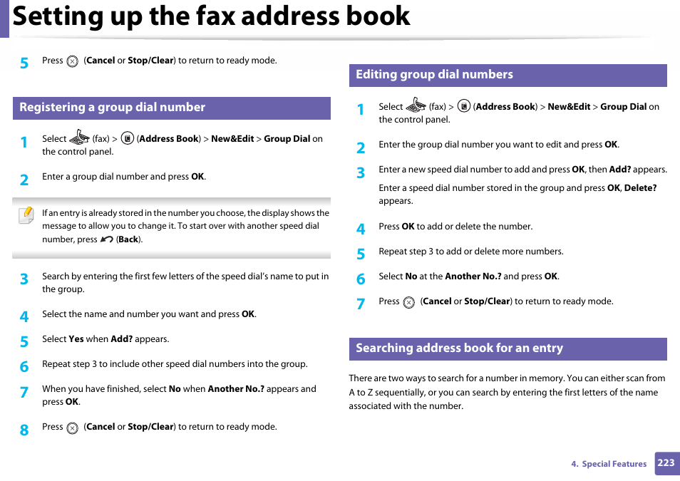 Registering a group dial number, Editing group dial numbers, Searching address book for an entry | Setting up the fax address book | Samsung SL-C460W-XAX User Manual | Page 223 / 337