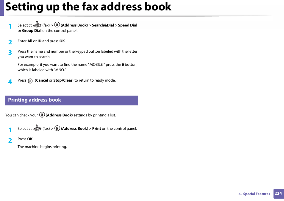 Printing address book, Setting up the fax address book | Samsung SL-C460W-XAX User Manual | Page 224 / 337