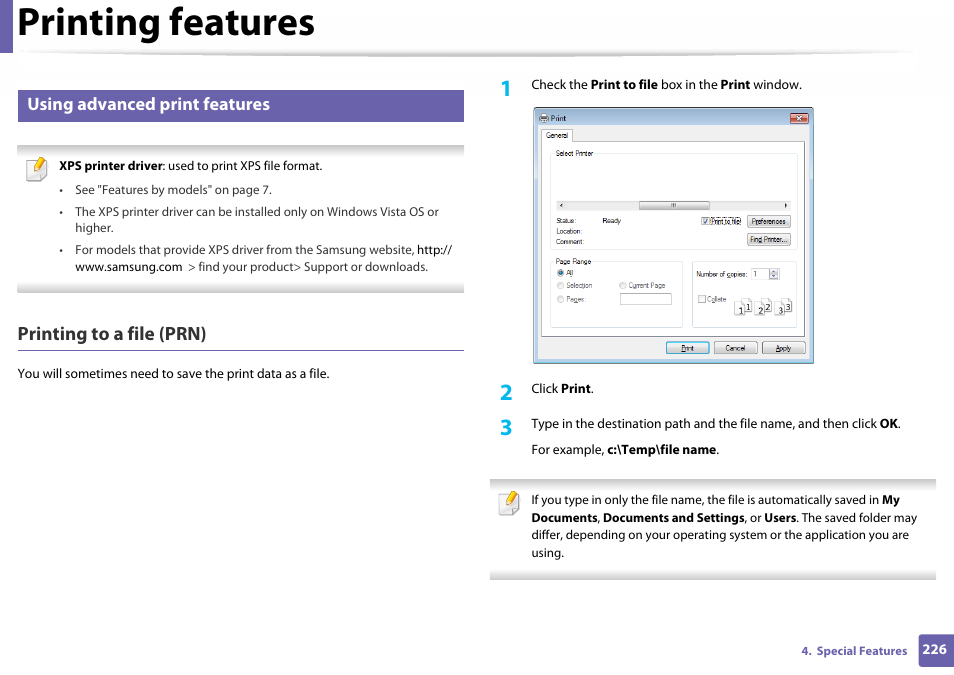 Using advanced print features, Printing features, Printing to a file (prn) | Samsung SL-C460W-XAX User Manual | Page 226 / 337