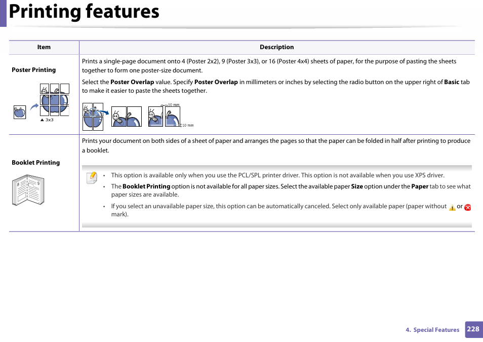 Printing features | Samsung SL-C460W-XAX User Manual | Page 228 / 337