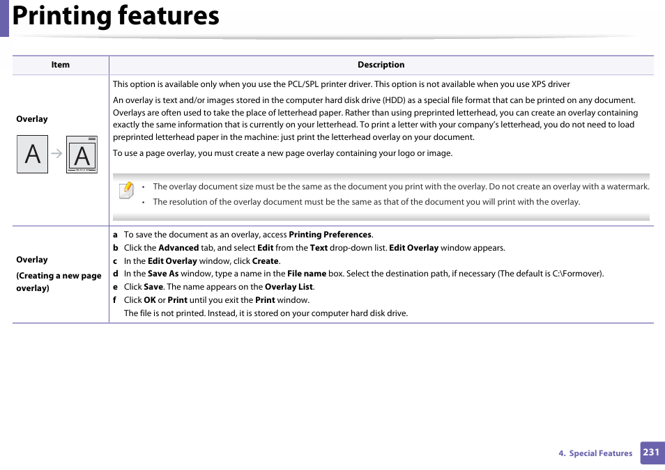 Printing features | Samsung SL-C460W-XAX User Manual | Page 231 / 337