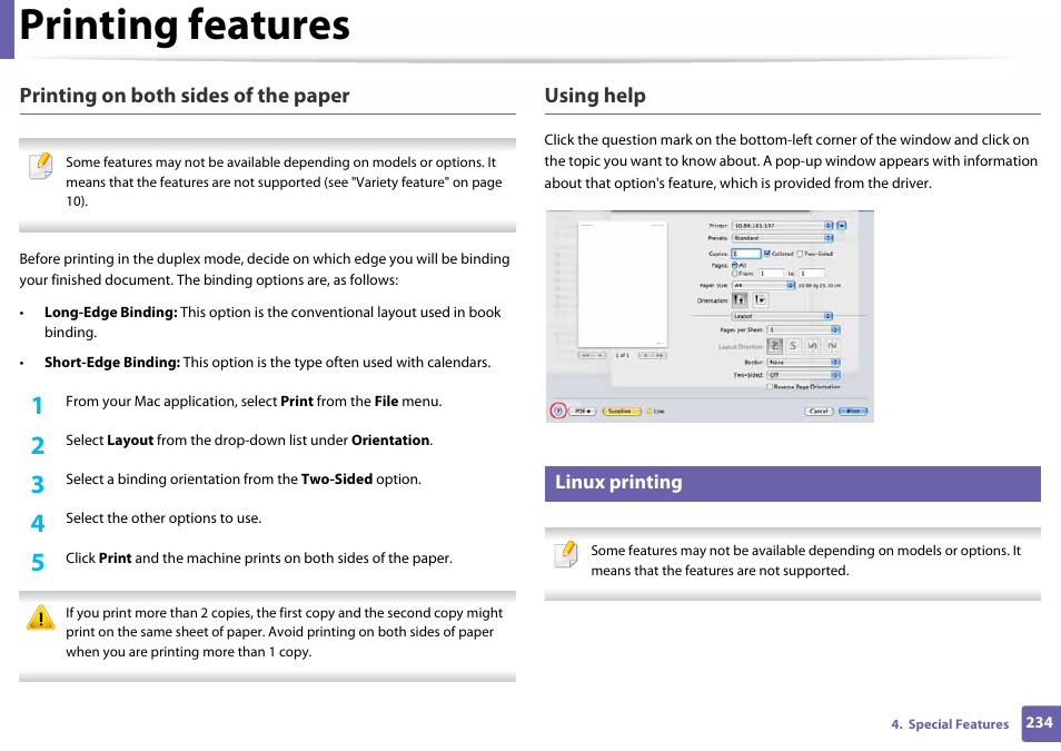 Linux printing, Printing features, Printing on both sides of the paper | Using help | Samsung SL-C460W-XAX User Manual | Page 234 / 337