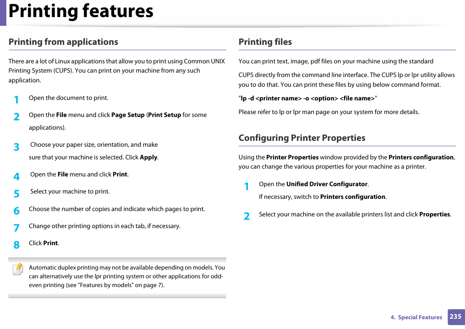 Printing features | Samsung SL-C460W-XAX User Manual | Page 235 / 337