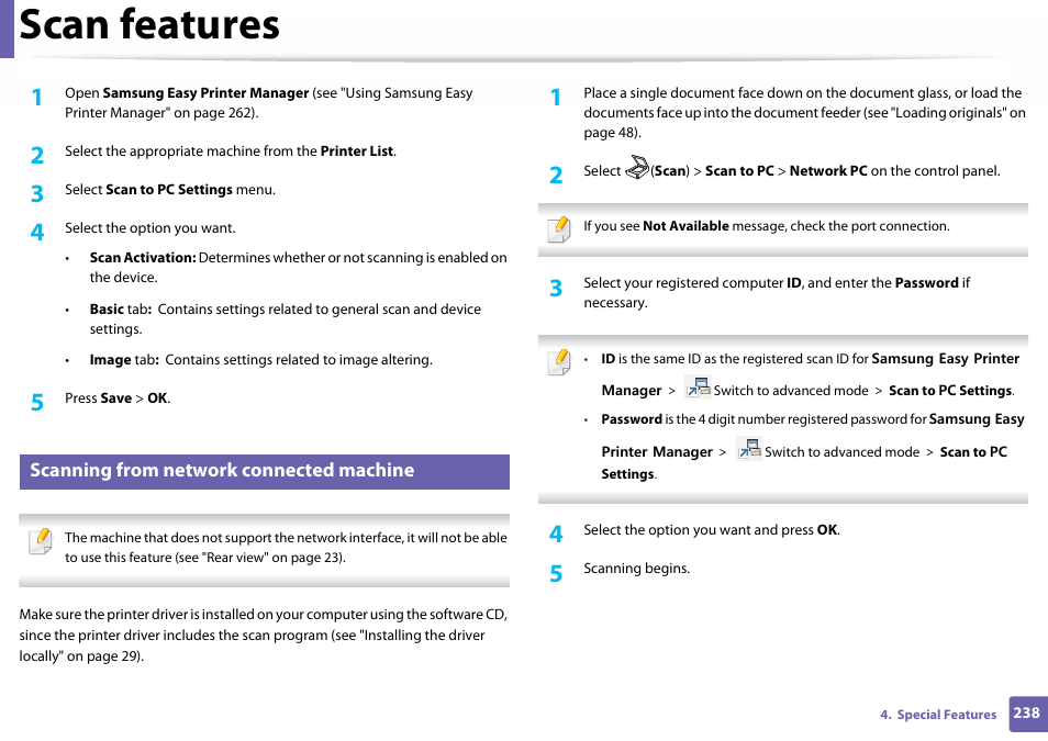 Scanning from network connected machine, Scan features | Samsung SL-C460W-XAX User Manual | Page 238 / 337