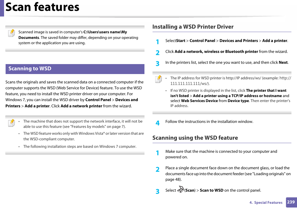 Scanning to wsd, Scan features, Installing a wsd printer driver | Scanning using the wsd feature | Samsung SL-C460W-XAX User Manual | Page 239 / 337