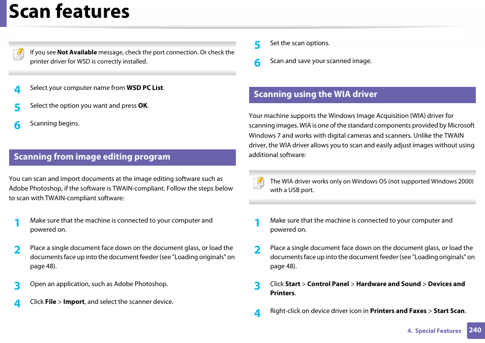Scanning from image editing program, Scanning using the wia driver, Scan features | Samsung SL-C460W-XAX User Manual | Page 240 / 337