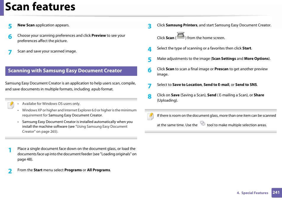 Scanning with samsung easy document creator, Scan features | Samsung SL-C460W-XAX User Manual | Page 241 / 337