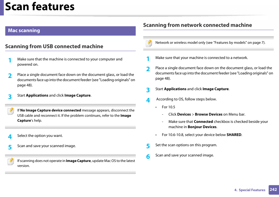 Mac scanning, Scan features, Scanning from usb connected machine | Scanning from network connected machine | Samsung SL-C460W-XAX User Manual | Page 242 / 337