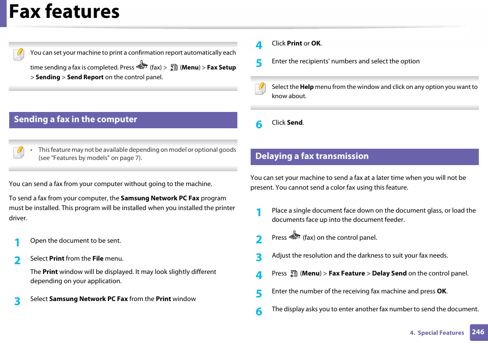 Sending a fax in the computer, Delaying a fax transmission, Fax features | Samsung SL-C460W-XAX User Manual | Page 246 / 337