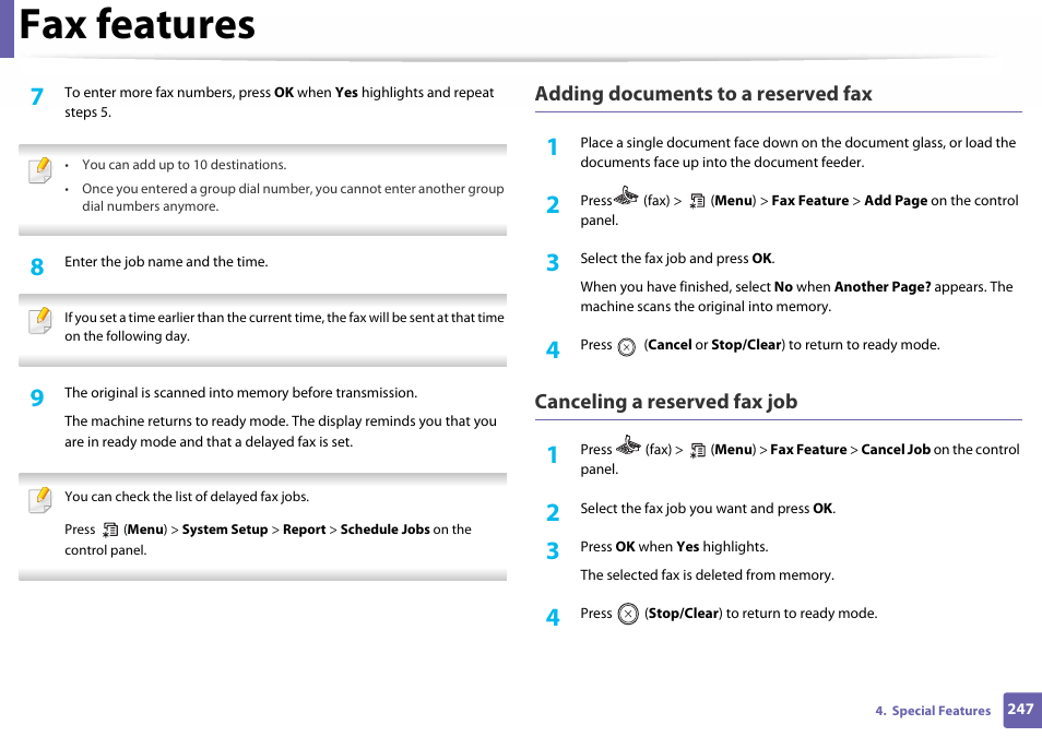 Fax features, Adding documents to a reserved fax, Canceling a reserved fax job | Samsung SL-C460W-XAX User Manual | Page 247 / 337