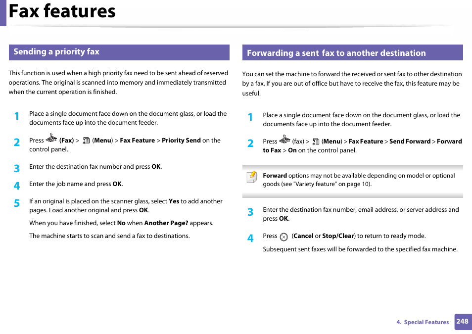 Sending a priority fax, Forwarding a sent fax to another destination, Fax features | Samsung SL-C460W-XAX User Manual | Page 248 / 337