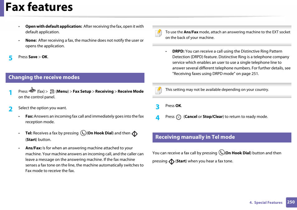 Changing the receive modes, Receiving manually in tel mode, Fax features | Samsung SL-C460W-XAX User Manual | Page 250 / 337