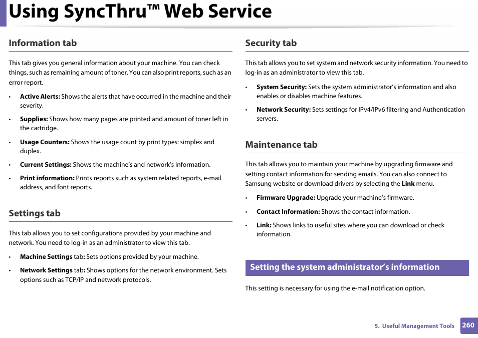 Setting the system administrator’s information, Using syncthru™ web service, Information tab | Settings tab, Security tab, Maintenance tab | Samsung SL-C460W-XAX User Manual | Page 260 / 337