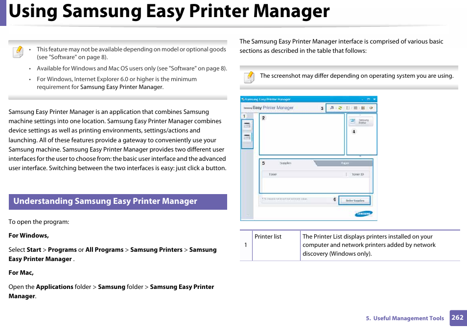 Using samsung easy printer manager, Understanding samsung easy printer manager | Samsung SL-C460W-XAX User Manual | Page 262 / 337