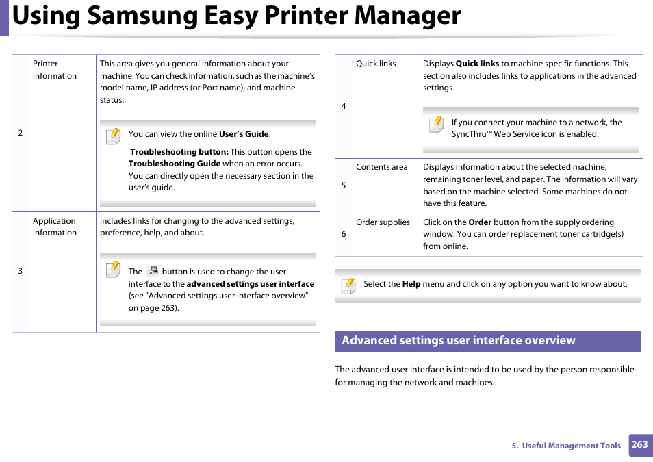 Advanced settings user interface overview, Using samsung easy printer manager | Samsung SL-C460W-XAX User Manual | Page 263 / 337