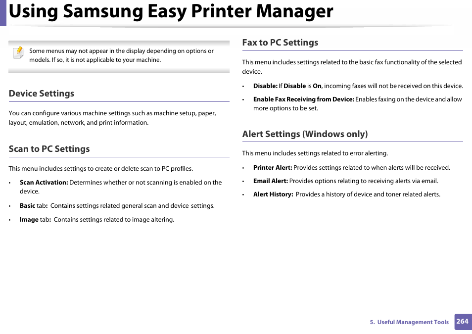 Device, Using samsung easy printer manager, Device settings | Scan to pc settings, Fax to pc settings, Alert settings (windows only) | Samsung SL-C460W-XAX User Manual | Page 264 / 337